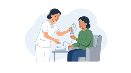 Obraz premium Nurse demonstrates nebulizer use to a patient, highlighting respiratory care and medical assistance in a modern vector illustration.