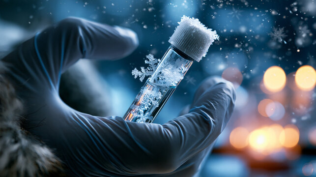Cropped gloved hand holding a cryovial with a frozen sample lifted from cold storage light frost on the glass bright clean laboratory cryovial frozen sample gloved hand cold