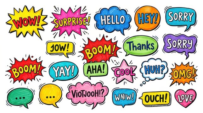 Hand-drawn speech bubble explosion set with loud exclamations. Cartoon onomatopoeia sound effects for comic books and pop art designs.