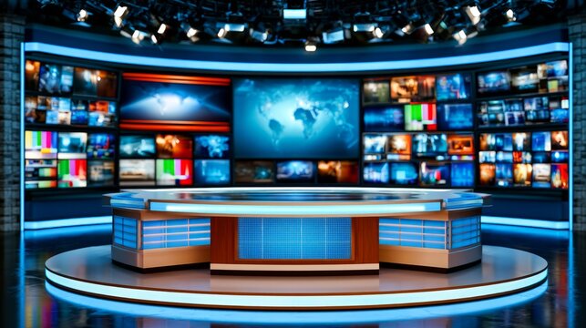 Modern News Studio with Bright LED Screens and Global Map for Television Broadcasts