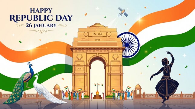 Happy republic day india with india gate and national flag