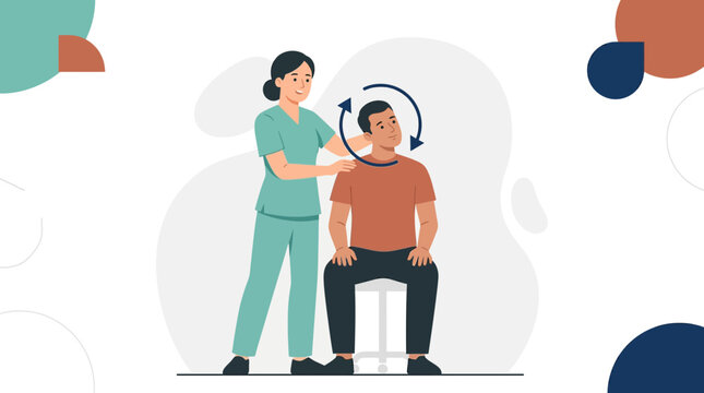 Nurse demonstrating neck rotation exercise to patient, flat design vector illustration