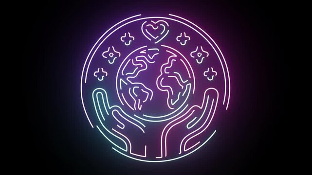 Glowing neon line icon of Earth held by caring hands with heart and stars on a black background pulsing with vibrant pink and blue light