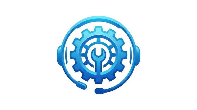 Blue industrial gear logo with power icon. Modern technology emblem for business and innovation branding.