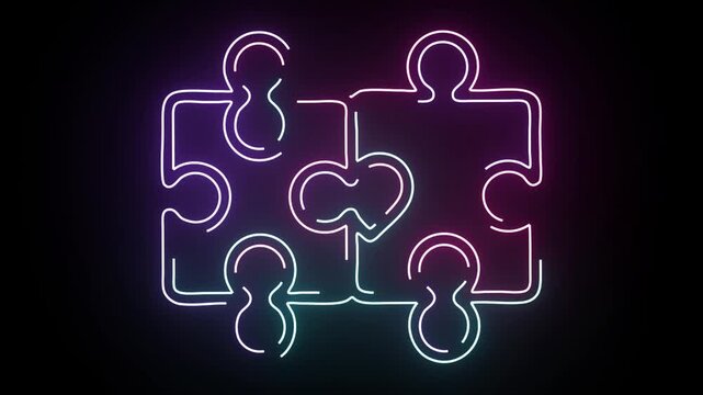Neon Light Puzzle Pieces Joining Together With A Glowing Pink Heart Symbol Inside An Animated Concept Of Unity And Romance On A Dark Background