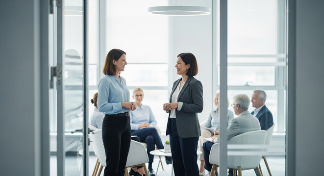 Two women in business attire conversing in a modern office meeting room, symbolizing professional collaboration and discussion