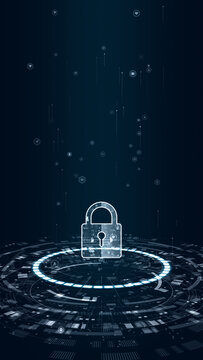 Vertical cyber security HUD display showcasing a glowing lock icon over a futuristic technology circuit circle designed for digital data protection and network privacy.