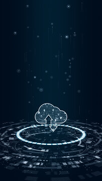 Vertical digital HUD interface featuring a glowing cloud sync icon with transfer arrows on a futuristic holographic platform designed for data upload and download concepts.