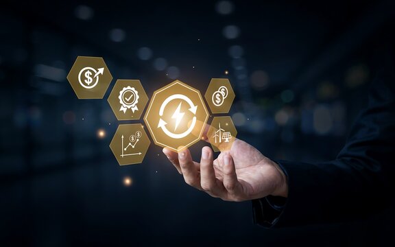 Businessman holding digital energy icons. Renewable power and sustainable finance concept.