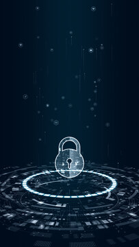A vertical digital HUD interface featuring a glowing padlock icon on a futuristic circular holographic platform designed for cyber security and data protection concepts.