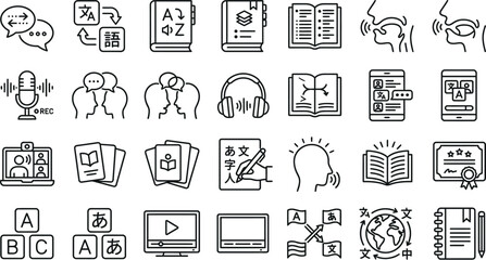 Set of language learning and education icons in line art style with language education learning translation communication vocabulary linguistics knowledge training alphabet speaking © Rupa