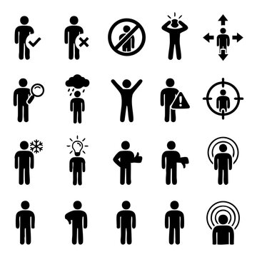 Set of human condition and emotion icons featuring various body postures and abstract concepts for social psychology design silhouette psychology condition behavior expression abstract positive