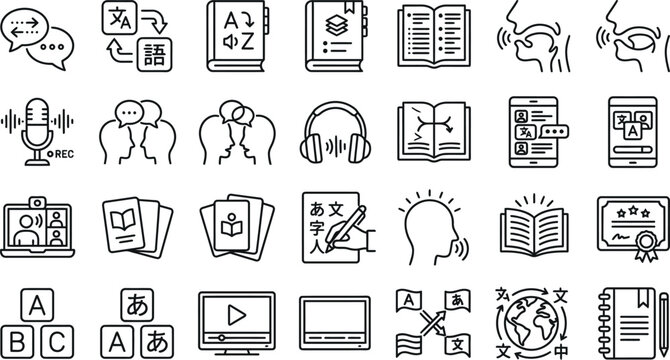 Set of language learning and education icons in line art style with language education learning translation communication vocabulary linguistics knowledge training alphabet speaking