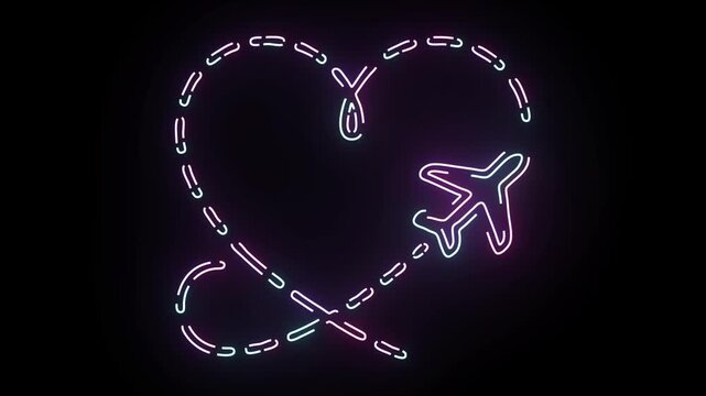 Glowing neon light animation of a pink and blue airplane flying on a dashed heart shaped flight path over a dark black background motion loop
