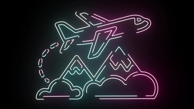 Glowing neon airplane flying over mountains and clouds loop animation on a dark background showcasing concepts of modern travel and adventure