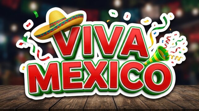 Vibrant Viva Mexico celebration banner with sombrero and marigolds. Festive Cinco de Mayo party signage for cultural events and patriotic promotions.