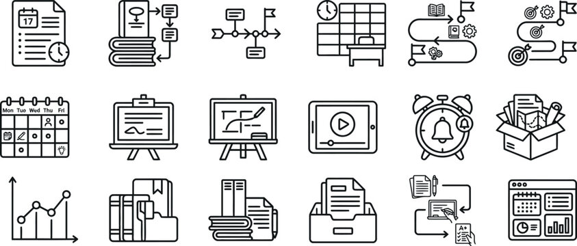 Project management and business process workflow line icons with management business workflow planning strategy timeline organization analysis calendar presentation scheduling development