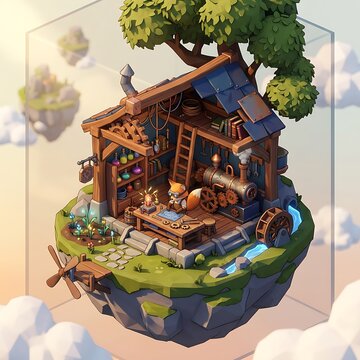 Cozy wooden cabin in a fantasy village scene