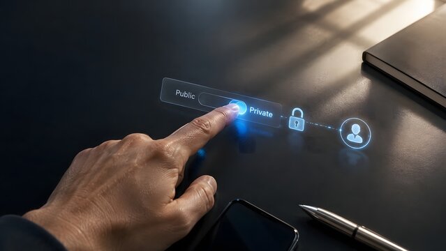 Data privacy concept hand switching slider from public to private