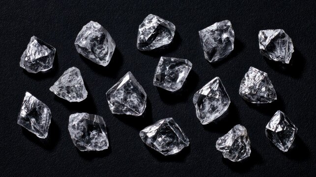 Natural rough diamonds scattered on black textured background.