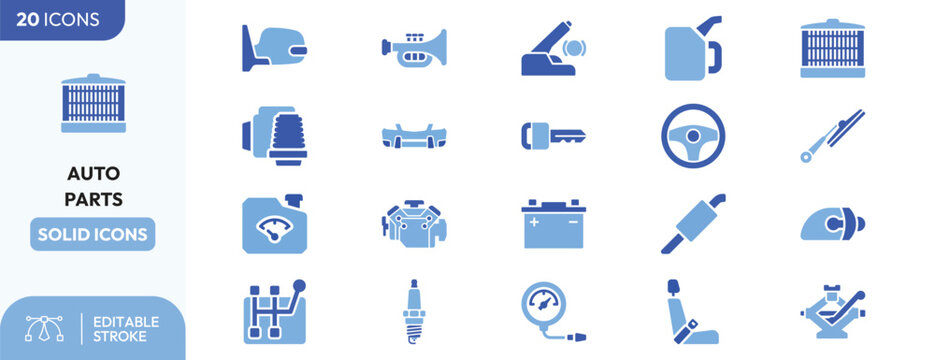 Automotive Repair Components set. Containing engine block, spark plug, air filter, fuel pump, exhaust pipe, wrench, oil can, tire pressure gauge, headlight. Editable stroke. Vector illustration.
