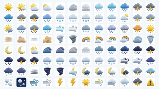 Set of 50 flat design weather icons for apps and websites. Vector-style forecast symbols for UI, UX, and digital design projects.