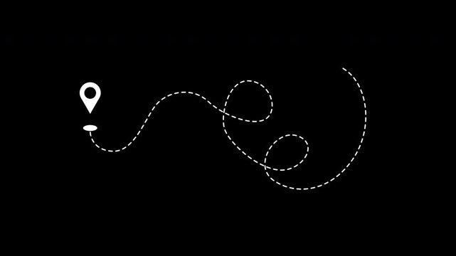 Two location point pin icon on black background with dashed swirling travel path line. Suitable for travel apps, websites, maps, and navigation.