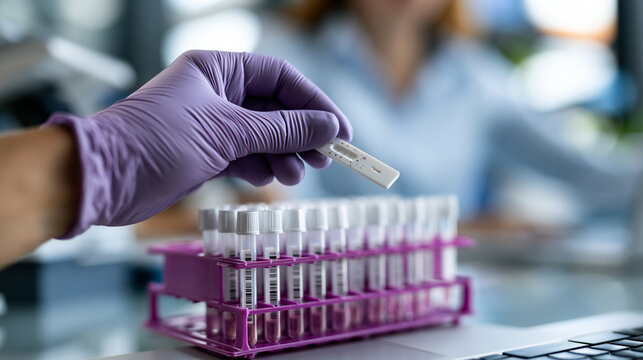 Cropped gloved hand holding a lateral flow test strip beside a purple sample rack bright clean laboratory neutral diagnostics concept test strip sample rack gloved hand