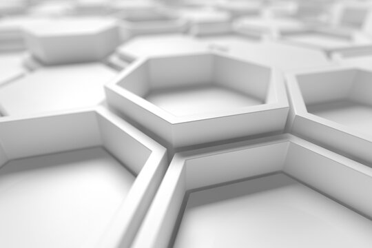 Closeup hexagonal cell surface with shallow depth of field and soft lighting for abstract architectural background and material texture design