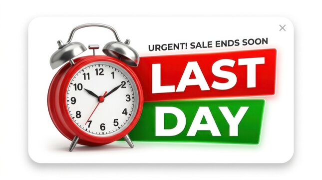 Urgent last day sale countdown with alarm clock. Limited time offer deadline for e-commerce promotions and flash deals.
