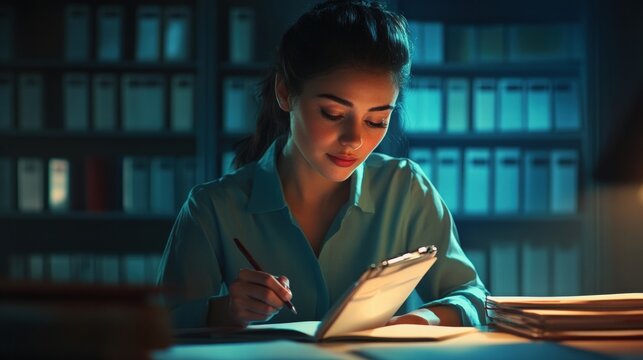 woman studying late at night in library