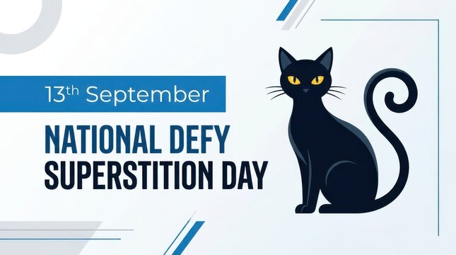 Black cat on National Defy Superstition Day poster. Silhouette feline with glowing eyes for anti-superstition awareness campaign.