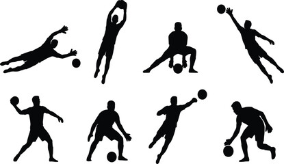 Basketball Player Silhouette Collection Set with Dribbling Shooting Dunking Passing and Defensive Action Poses Vector Illustration © SHOURAV DATTA