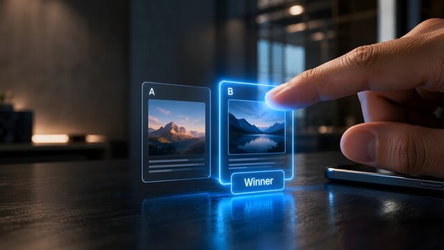 Image a b testing concept finger selecting winning landscape photograph