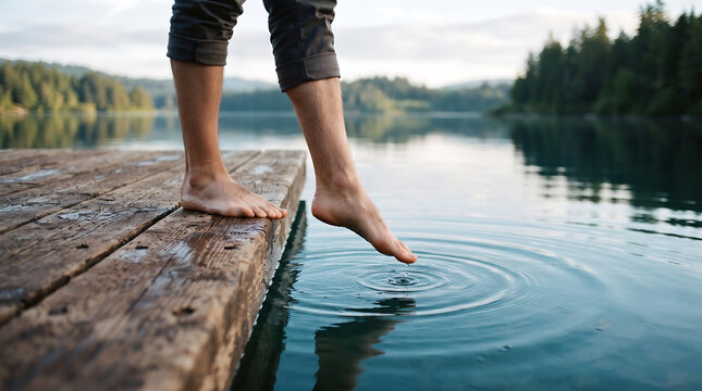 Close up of person touching clear lake water with bare feet from wooden pier barefoot outdoors relaxation peaceful swimming vacation lakefront wellness lifestyle