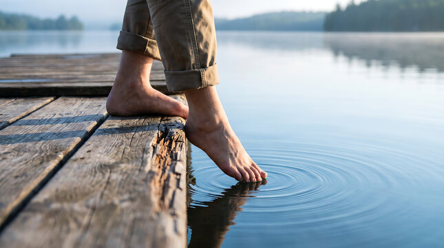 Barefoot person standing on weathered wooden pier testing water temperature with tip of toe causing gentle ripples in calm blue lake during peaceful summer morning nature scene.