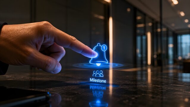 Digital milestone achievement hand interacting with notification icon