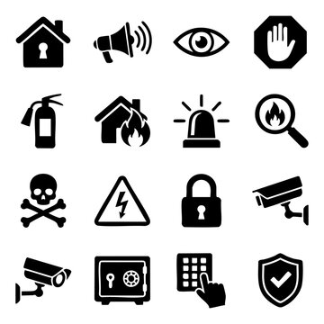 Set of security and safety alert icons with security protection surveillance emergency graphics monitoring electricity firefighter extinguisher property technology interface business