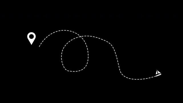 Two location point. Ideal for maps, travel apps, and navigation systems. White navigation pin path with small boat icon on black background.