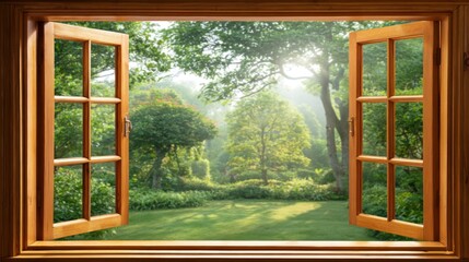 Fototapeta premium A wooden window frame with open wooden windows, overlooking a lush green garden with trees and a clear blue sky.