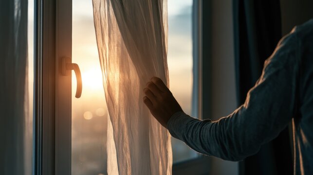 A person's hand touching a window with a curtain, with the sun shining through the window.