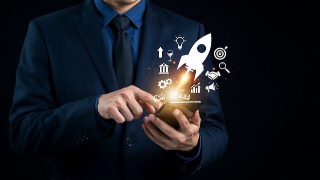 Businessman using smartphone for startup growth. Digital marketing strategy and innovation.