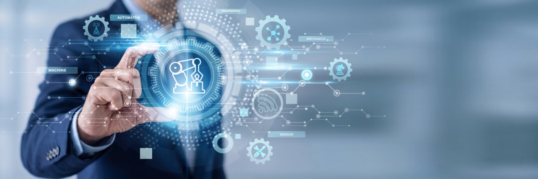 Businessman Hand Holding Robotics and automation networking data, intelligent machines systems, industrial robot solutions, AI-driven manufacturing, smart technology innovation