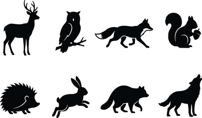 Obraz premium Woodland Forest Animal Silhouette Collection Set with Deer Owl Fox Squirrel Hedgehog Rabbit Raccoon and Wolf Vector Illustration