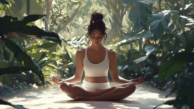 woman meditating in lush tropical garden