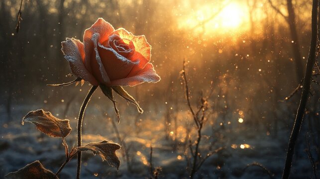 frozen rose at sunrise