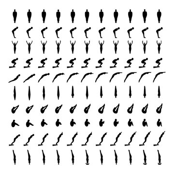 Collection of human silhouettes showing different phases of a high diving action with silhouette swimming movement sequence athletic competition acrobatic gymnastics springboard exercise