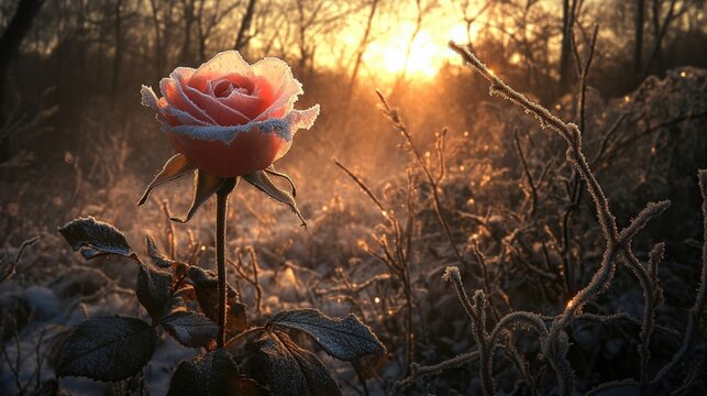 frozen rose at sunrise