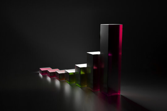 Transparent glass bar chart 3d render with colored gradient blocks for data visualization background and business banner design