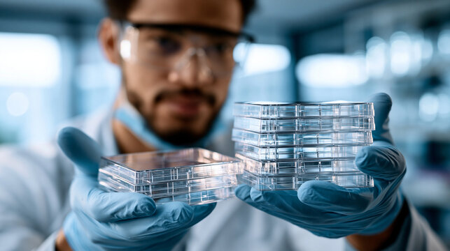 Researcher in goggles and mask holding a stack of clear cell culture plates face out of focus behind protective gear bright clean lab researcher cell culture plates goggles